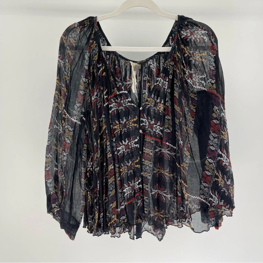 Free People One Oversized Button-Down Semi-Sheer Southwestern Printed Top